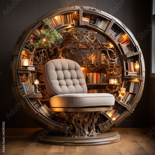 A round shape book rack with light bulbs in room and luxury chair. photo