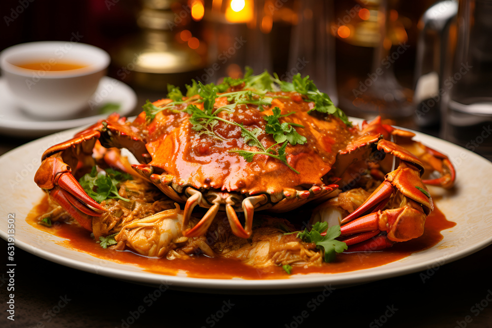 appetizing crab dish on a white plate in a restaurant. Generated AI appetizing crab dish on a white plate in a restaurant. Generated AI