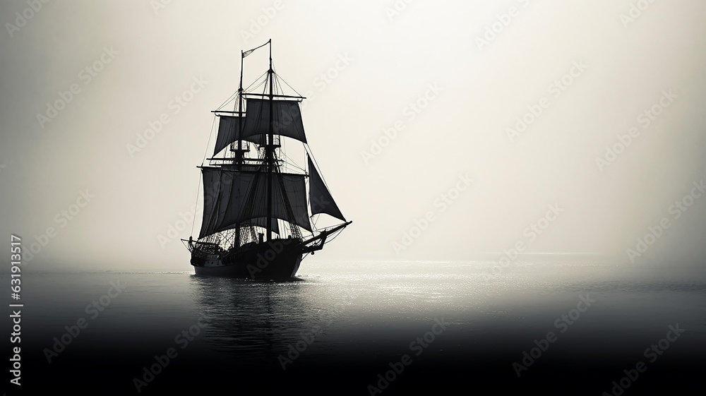 black sailboat silhouette in the fog. black sailboat silhouette in the fog.