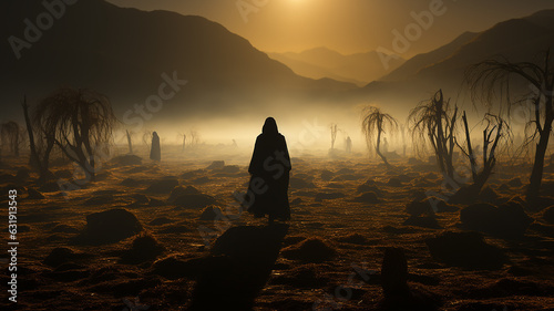 silhouette of an ancient dark traveler in the desert at sunset biblical story.
