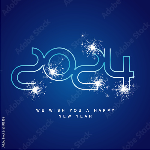 2024 Happy New Year event ultra modern neon line design numbers typography white blue icon logo with sparkle firework