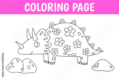 Triceratops princess coloring page, cute print with line girl dinosaur. Printable worksheet with solution for school and preschool.