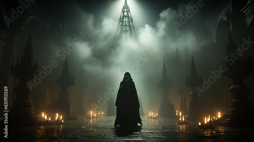Dark person view from the back in the throne room horror, lord of evil gloomy game background.