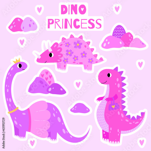 Stickers set cute dinosaur princess. Sweet pink dino girl with crown. Cartoon funny character for nursery design  greeting card  invitation  print  party  baby shower  poster.