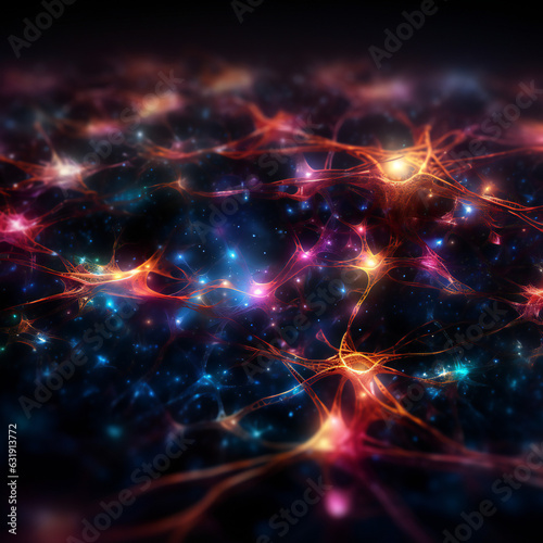 Neurons chaos data, vibrant colors, future technology. Neural and neuronal linked information and communication. 