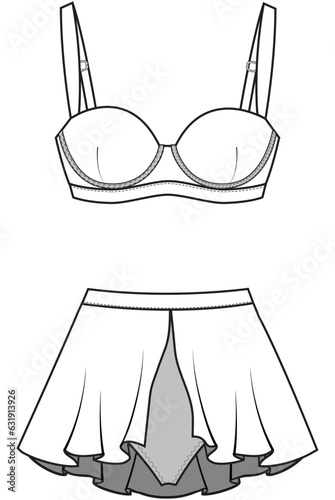 womens bikini set with swim skirt bathing suit beachwear two piece swimsuit flat sketch vector illustration technical cad drawing template