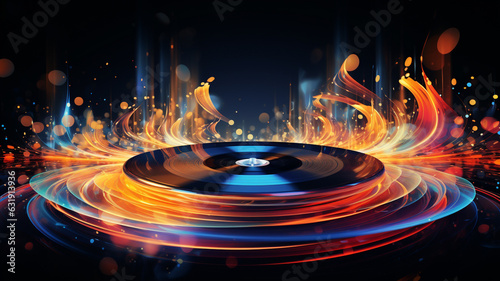 Vinyl DJ Ausrüstung Sound Multimedia Soundsystem Hifi Audio Soundbox Lautsprecher Membran abstrakt bunter Style im Querformat. Generative Ai. 