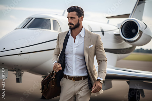 Young rich fit handsome young man walking out of his private jet plane. Looks like a model.