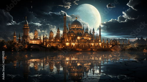 Photographie The Arabian night fairy tale, the landscape in the moonlight the fabulous sultan's palace glows with gold