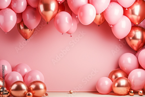  bunch of round pinky and golden ballons framing copy space against pink background