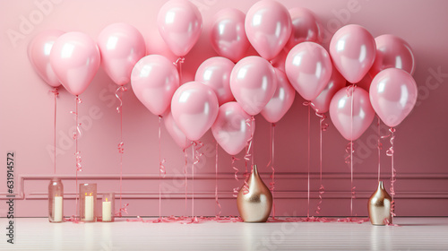  bunch of round pink ballons framing copy space against pink background photo