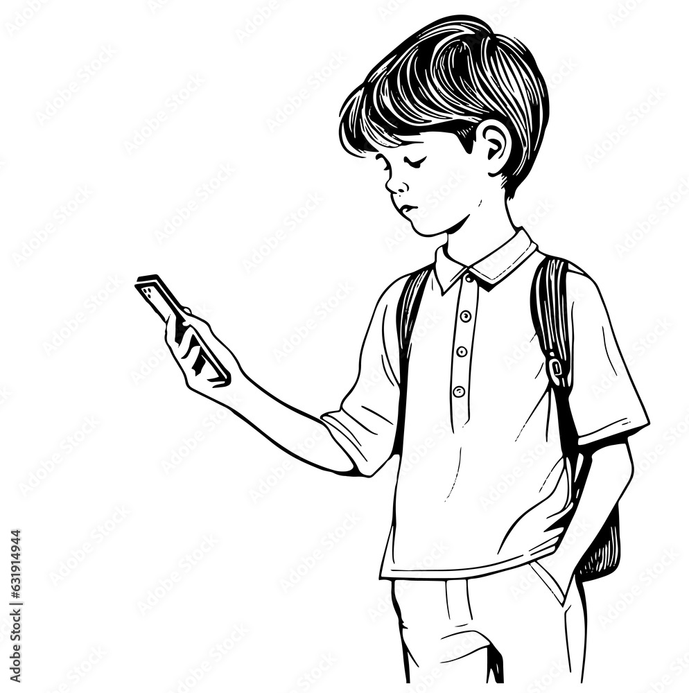 Schoolboy teenager with dark hair watching into a smartphone. Vector illustration. line art Schoolboy teenager with dark hair watching into a smartphone. Vector illustration. line art
