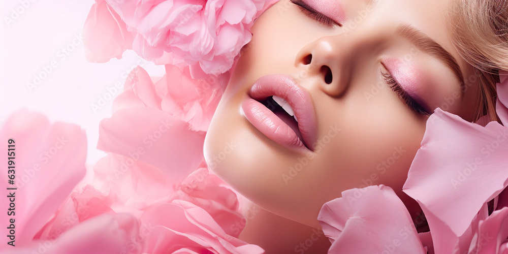 A dreamlike portrait of a beautiful woman surrounded by pink peony petals, exuding passion and sensuality in a floral paradise.