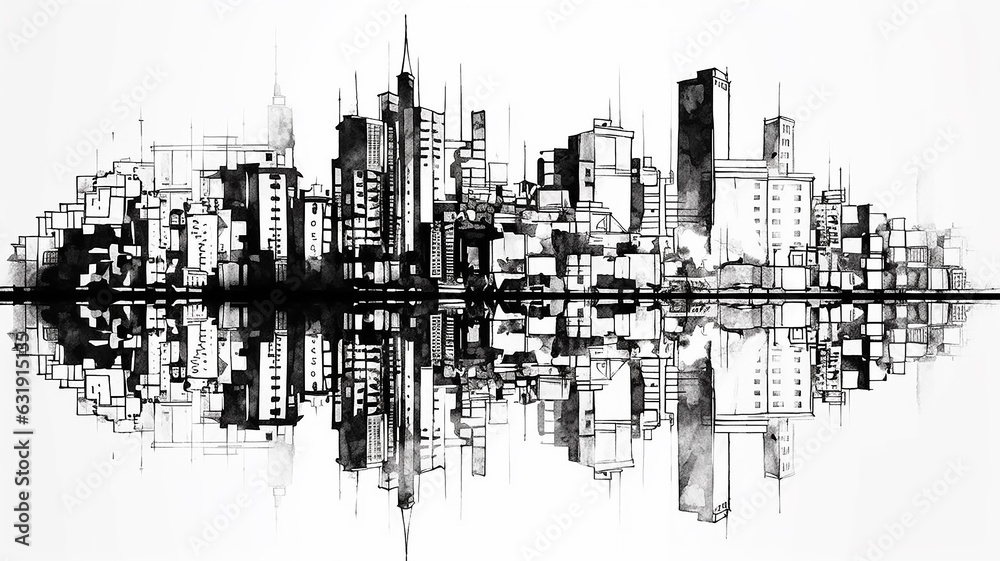 Obraz premium black and white sketch city with reflection drawing in watercolor pencil.