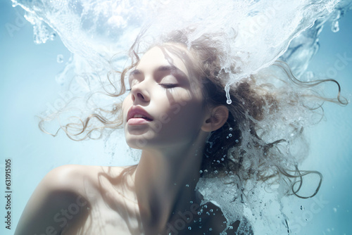 A dreamlike portrait of a beautiful blonde woman with closed eyes, underwater, embodying the elegance and grace of a mermaid