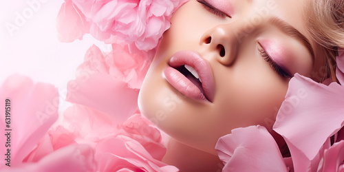 A dreamlike portrait of a beautiful woman surrounded by pink peony petals  exuding passion and sensuality in a floral paradise.
