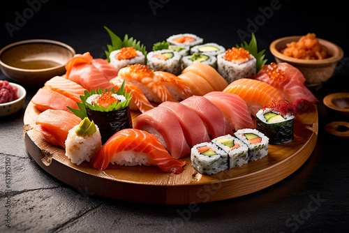 Sushi set in wooden plate. Sushi and rolls on a plate in a Japanese restaurant. Selective focus. Japanese food. Sushi Set - Different Types of Sushi and Nigiri Sushi Rolls