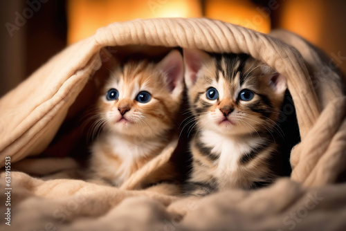 Kittens Cuddling Under a Blanket photo