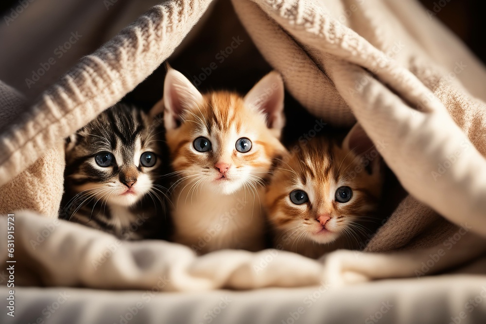 Kittens Cuddling Under a Blanket