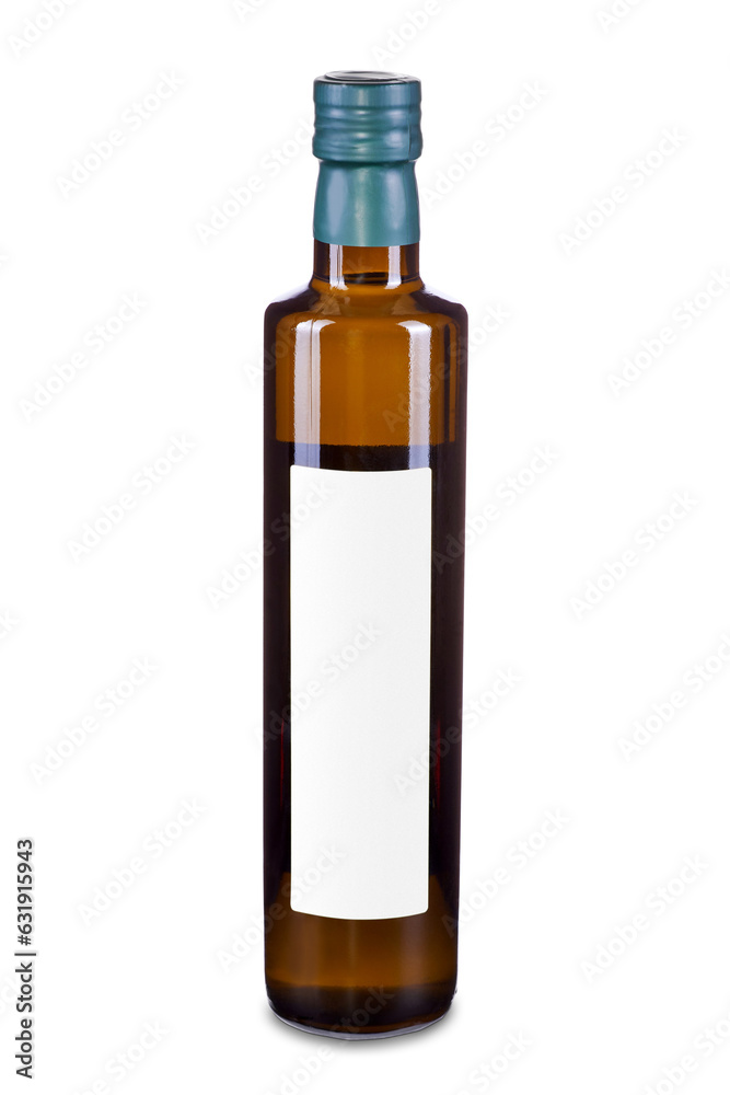 Brown glass olive oil or vinegar bottle with white label isolated on white. Product design template. Blank label for design. Sale of extra virgin olive, sunflower, soybean, cold pressed rapeseed oil Brown glass olive oil or vinegar bottle with white label isolated on white. Product design template. Blank label for design. Sale of extra virgin olive, sunflower, soybean, cold pressed rapeseed oil