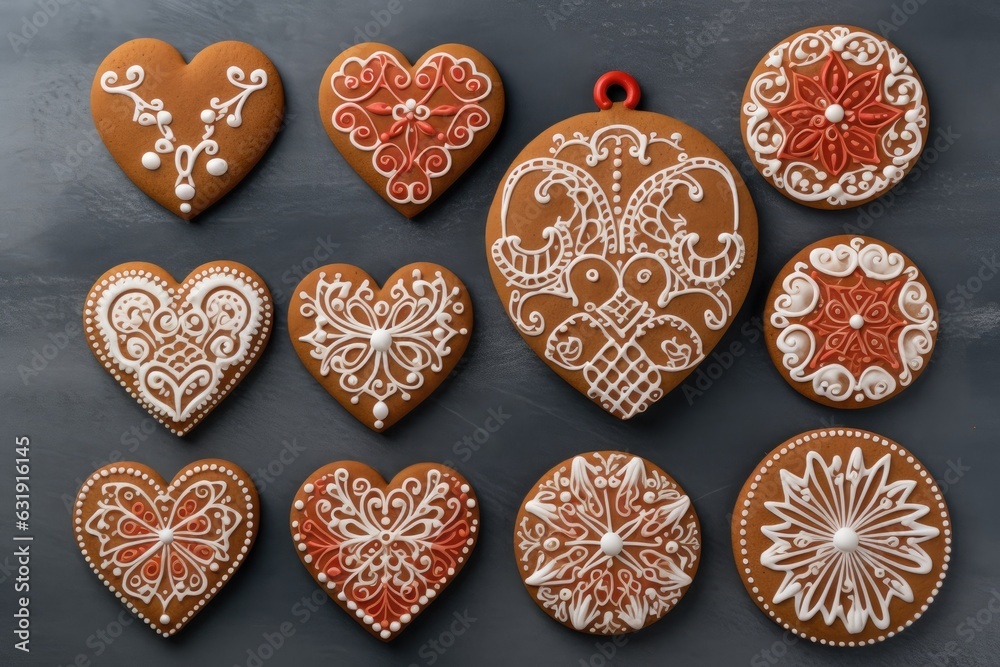 Gingerbread biscuits decorated for Christmas, top view and flat lay. Generative AI