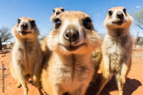 Curious Meerkats group with Happy Expressions Looking at GoPro Camera in the Savanna © 18042011