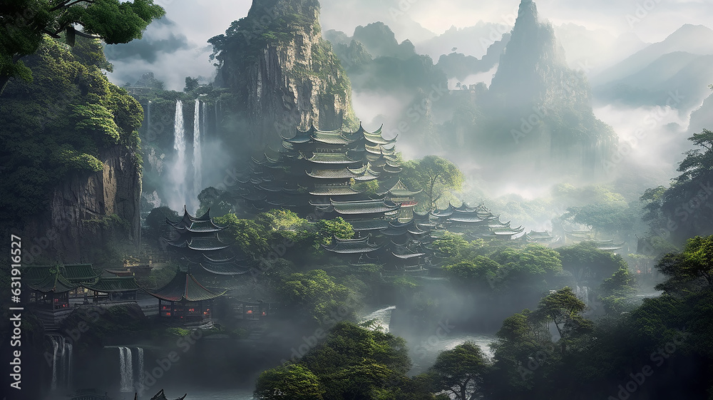 landscape in an ancient Chinese city with waterfalls and mountains.