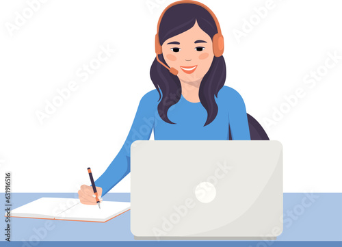 Online learning at home. Smiling student sitting at a table with a laptop, wearing headphones and writing in a notebook. Concept of online education. Vector illustration