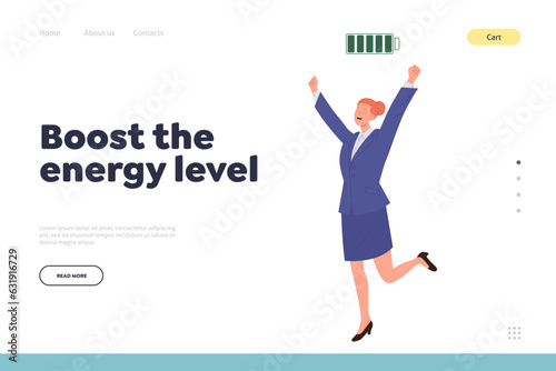 Boost energy level landing page design template with businesswoman character having full charge