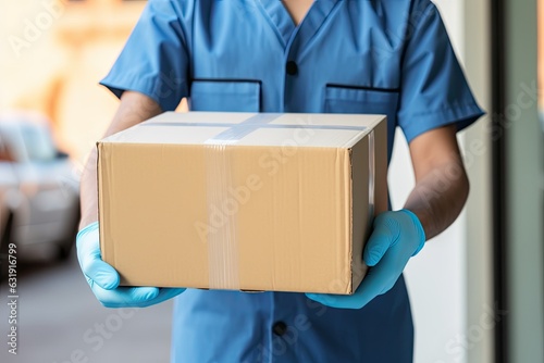 A delivery person wearing medical rubber gloves and a mask is holding cardboard boxes. There is empty space for writing. They offer fast and free delivery for online shopping and express delivery