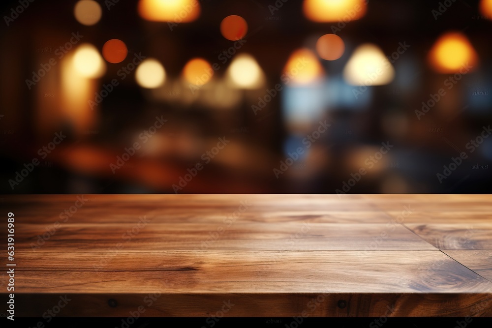 Empty Wooden Table with Blurred Bar Background - Product Display Mockup for Showcasing Items and Products in a Decorative Setting