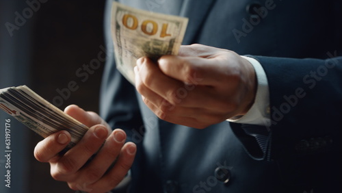 Unknown businessman counting dollars bills closeup. Hands calculating banknotes