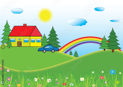 A small house with a car in the countryside. Hilly summer landscape with cottage, forest, rainbow, green nature. Background.