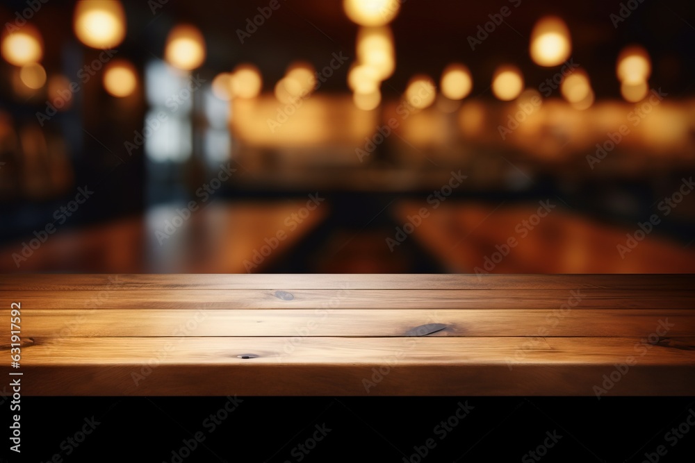 Empty Wooden Table with Blurred Bar Background - Product Showcase Mockup for Displaying Items and Products in a Decorative Setting
