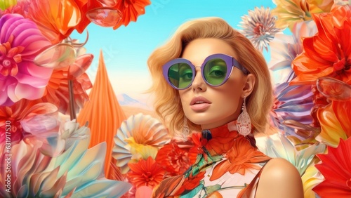 beautiful woman with sunglasses, Tropical photo collage, in the style of modernism-inspired portraiture, retro pop art inspirations