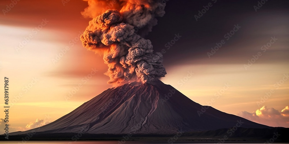 Volcanic eruption with smoke and ash in the foreground, close-up. Volcano eruption at sunset. Magestic voulcano. 