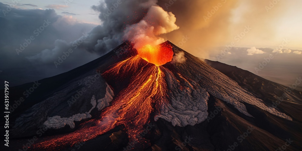 Volcano eruption at sunset. 3D render of volcano eruption at sunset. Magestic voulcano. 
