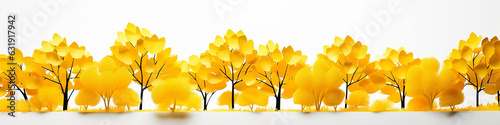 a row of yellow trees on a white background 3d graphics narrow long panorama.