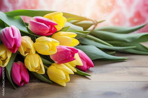 A colorful bouquet of pink and yellow tulips is placed on a background  with the word Home written in white letters.