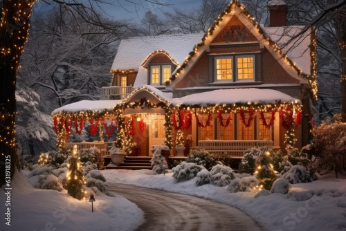 Traditional houses decorated with christmas garlands and lights
