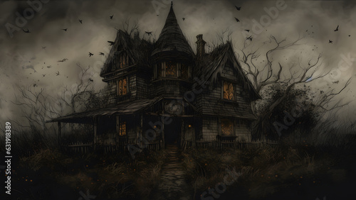 old witch house in spooky forest. Not based on any actual scene or pattern. photo