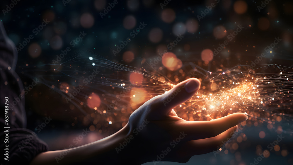 human hand touching holorgraphic network of glowing nodes, human and AI ...