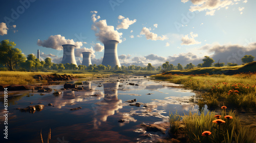 Nuclear power plant and cooling towers landscape for energy advertising and background Generative AI