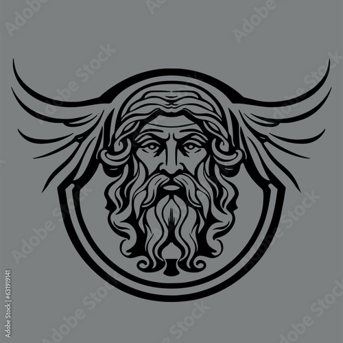 The beautiful and masculine face of a Greek god. Beard. Zeus. Logo, vector illustration