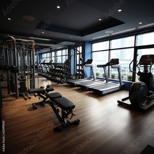 Gym with modern running and strength training equipment. Beautiful interior for sports and fitness. Fat burning cardio workouts. 