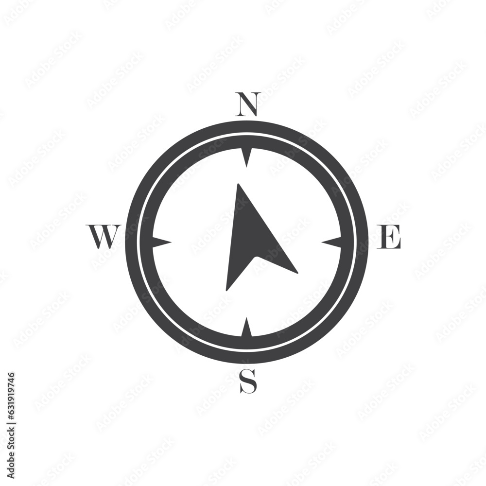 Flat vector compass icon with North, South, East and West indicated, Arrow Compass Icon Vector Logo Template, compass icon isolated on white background.