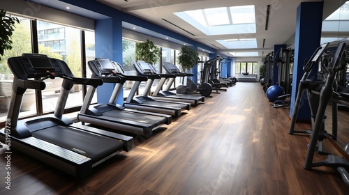 Gym with modern running and strength training equipment. Beautiful interior for sports and fitness. Fat burning cardio workouts.
