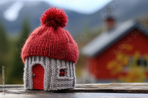A cute little house sitting on a table with a red knitted bobble hat resting on top of it, captured in a close up shot.