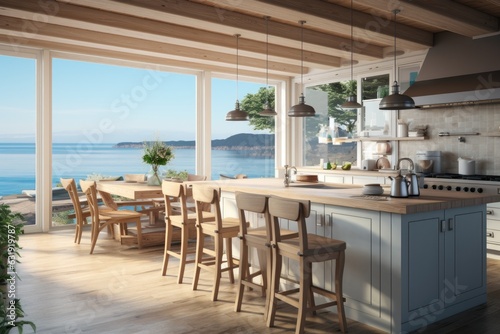 A contemporary and modern kitchen interior featuring a farmhouse theme and overlooking the beautiful ocean. © 2rogan
