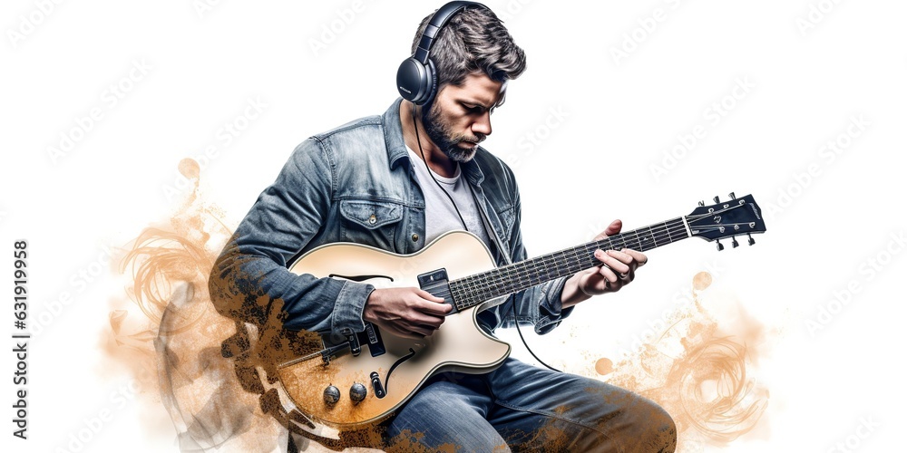 Focused man with headphones playing on guitar Ai Generative Focused man with headphones playing on guitar Ai Generative